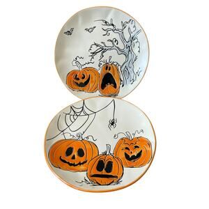 Eli + Ana Halloween Sketchy Jack Salad Plates 8in Ceramic Set of 2 Spooky New